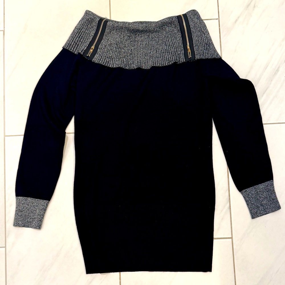 NWOT Venus Sweater Dress W/ Off the Shoulder Metallic Zippered Collar Size M